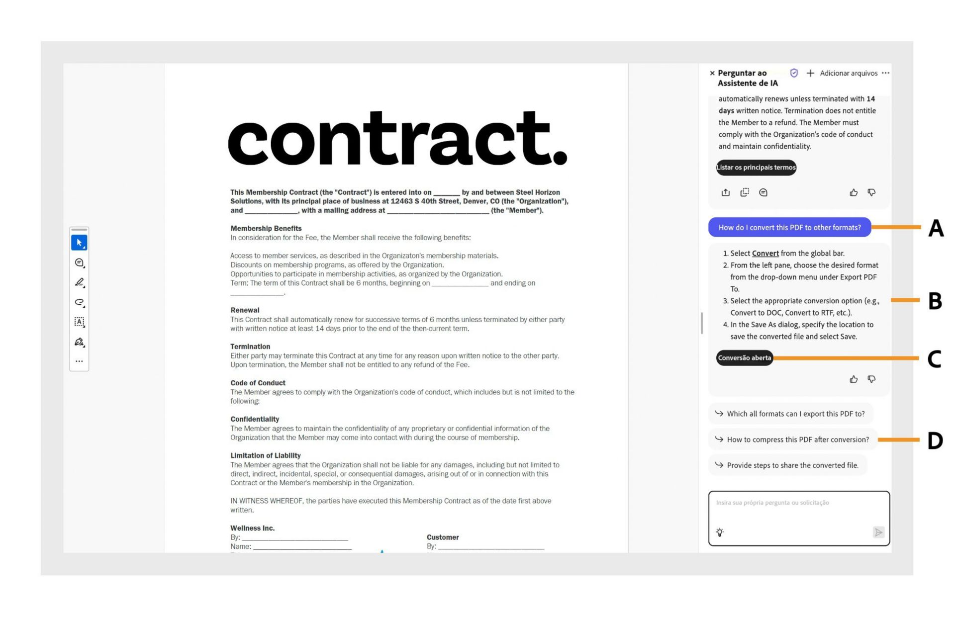 O painel de ajuda alimentado por IA está aberto. O painel exibe a pergunta feita pelo usuário com instruções fáceis, links de acesso rápido e perguntas sugeridas para completar a tarefa. 