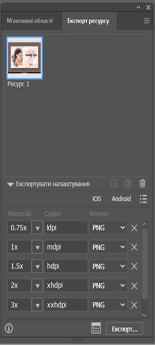 Панель експорту ресурсів із параметрами ресурсів і експорту.