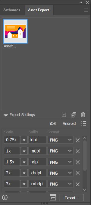 Exportbereich für Elemente mit einem Element und Exporteinstellungen.