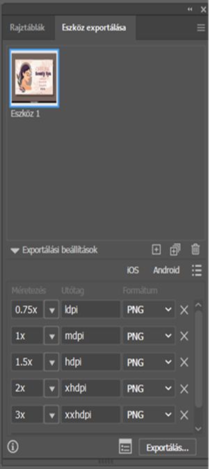 Kellék exportálása panel kellék- és exportálási beállításokkal.