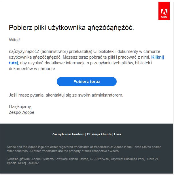 Wiadomość e-mail umożliwiająca pobranie pliku