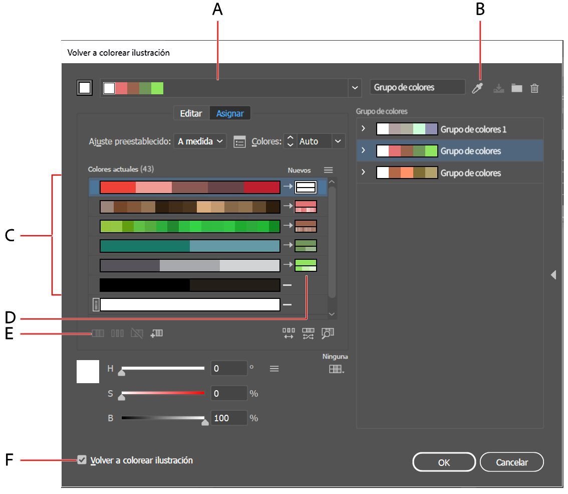 Volver a colorear ilustración, opciones