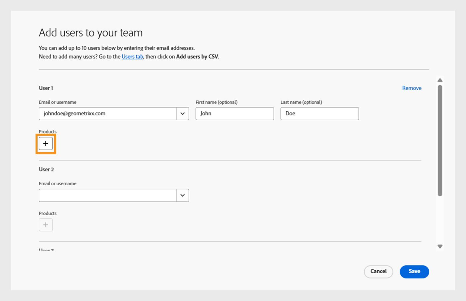 追加アイコンがハイライト表示された「ユーザーを追加」ダイアログボックス