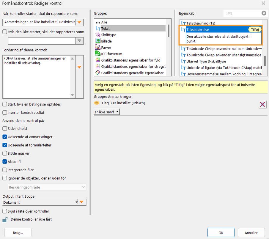 Forhåndskontrol: Dialogboksen Ny kontrol vises. En egenskab fremhæves. 