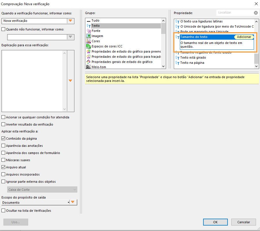 A Comprovação: a caixa de diálogo Nova verificação é exibida. Uma propriedade é realçada. 