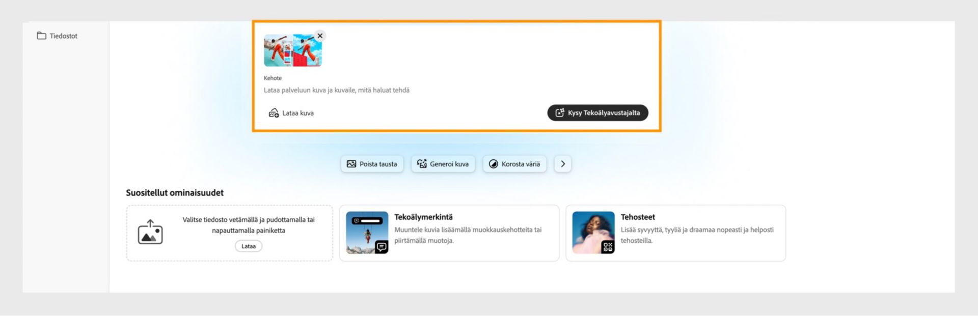 Photoshopin verkkoversion aloitussivulla näkyy korostettuna vaihtoehto ladata kuva ja kuvailla muokkauksia, jotta pääset alkuun tekoälyavustajan kanssa.