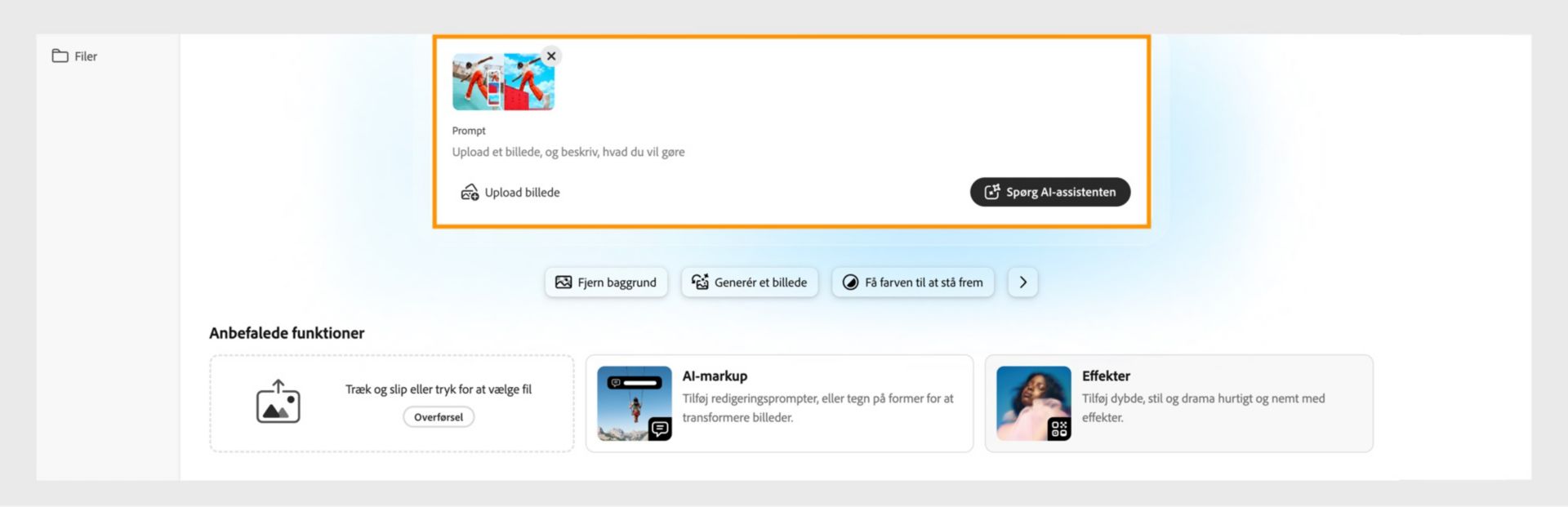 Startskærmen i Photoshop på internettet vises med fremhævning af muligheden for at uploade et billede og beskrive redigeringerne for at komme godt i gang med AI-assistenten.
