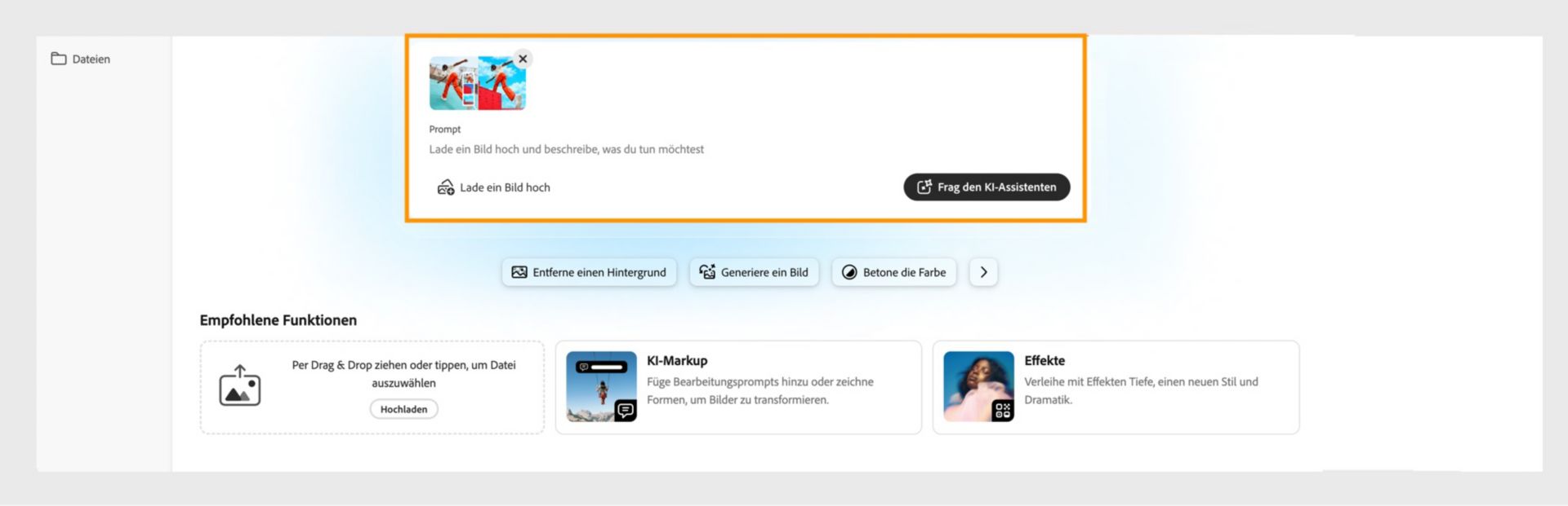 Der Photoshop im Web-Startbildschirm wird angezeigt und hebt die Option hervor, ein Bild hochzuladen und die Bearbeitungen zu beschreiben, um mit dem KI-Assistenten erste Schritte zu unternehmen.
