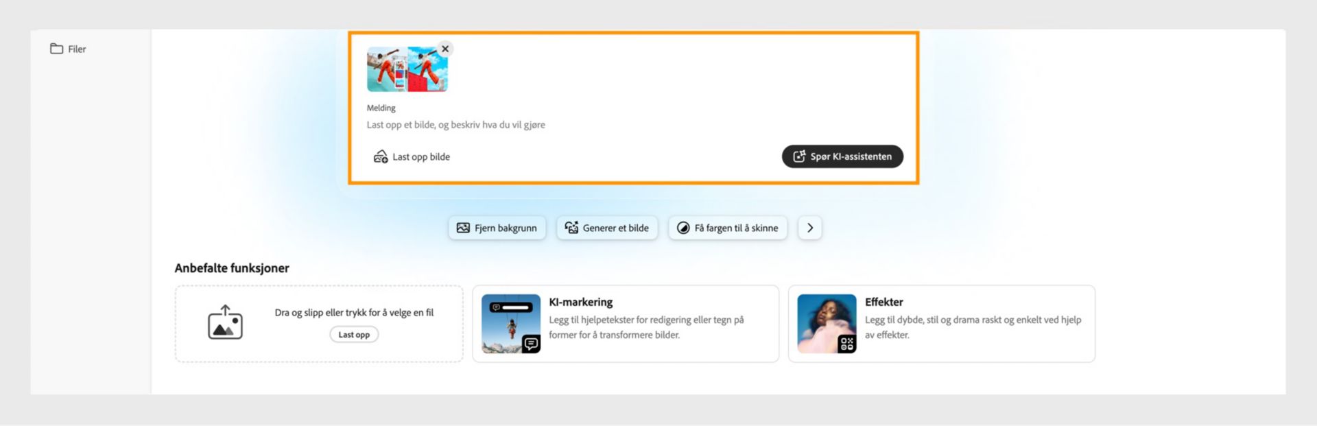 Photoshop på web-startskjermen vises med fremheving av alternativet for å laste opp et bilde og beskrive redigeringene for å komme i gang med KI-assistenten.