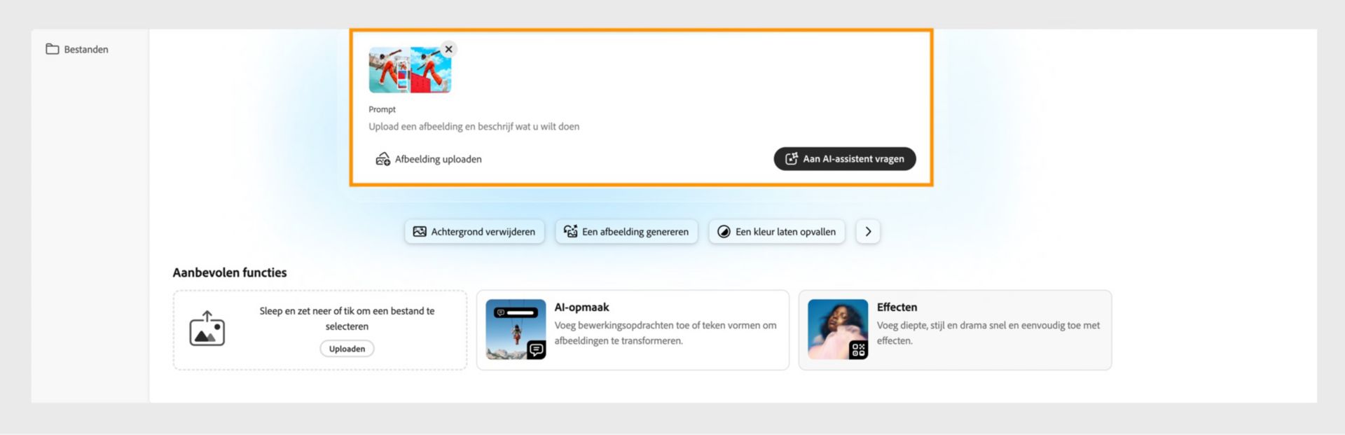 Het startscherm van Photoshop on the web wordt weergegeven met de optie om een afbeelding te uploaden en beschrijft de bewerkingen om Aan de slag te gaan met de AI-assistent.