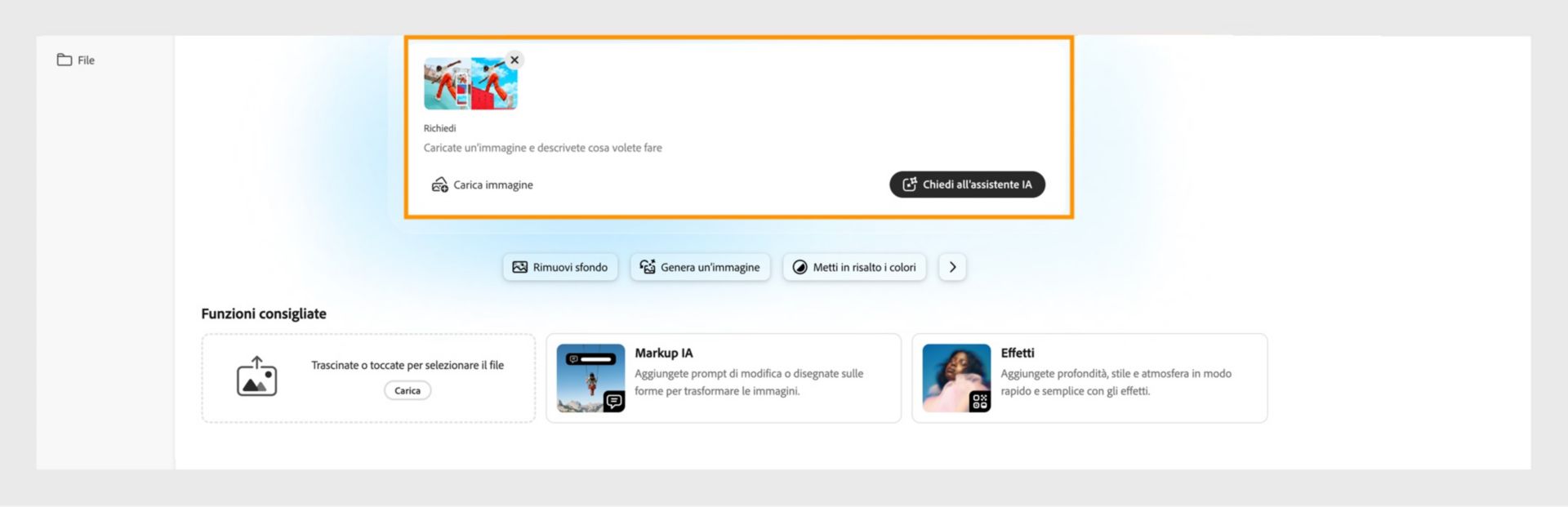 Viene visualizzata la schermata iniziale di Photoshop on the web che evidenzia l'opzione per caricare un'immagine e descrivere le modifiche per iniziare a utilizzare l'Assistente IA.