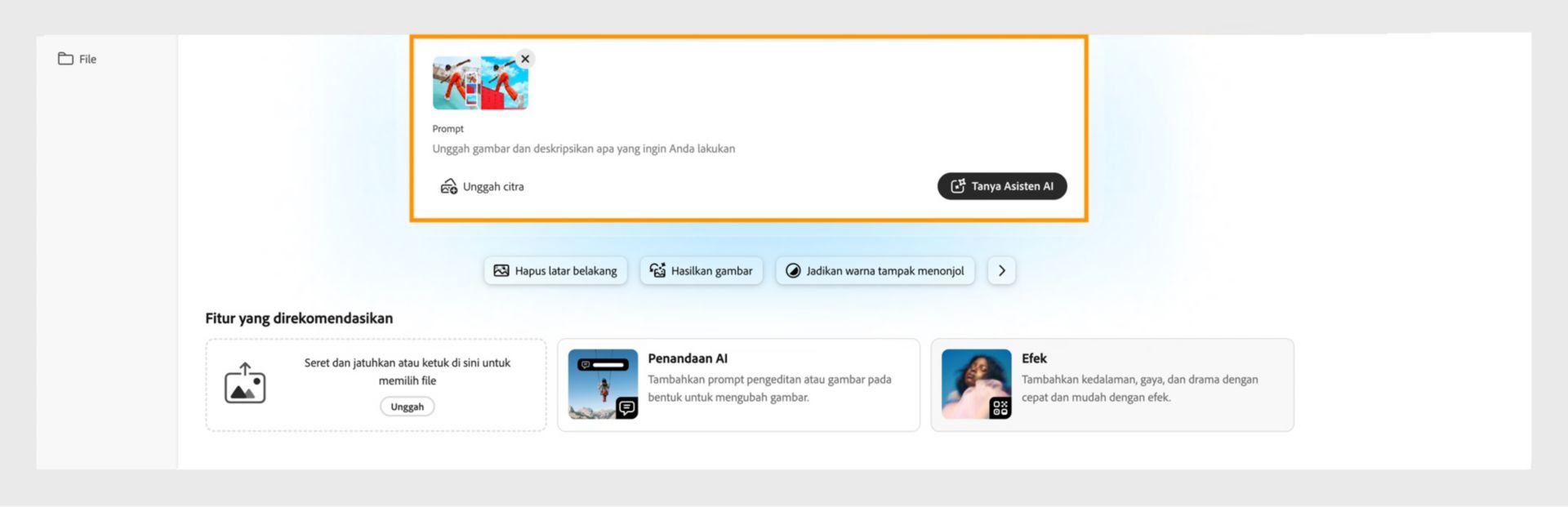 Layar utama Photoshop on the web ditampilkan dengan menyorot opsi untuk mengunggah citra dan menjelaskan pengeditan untuk memulai dengan Asisten AI.