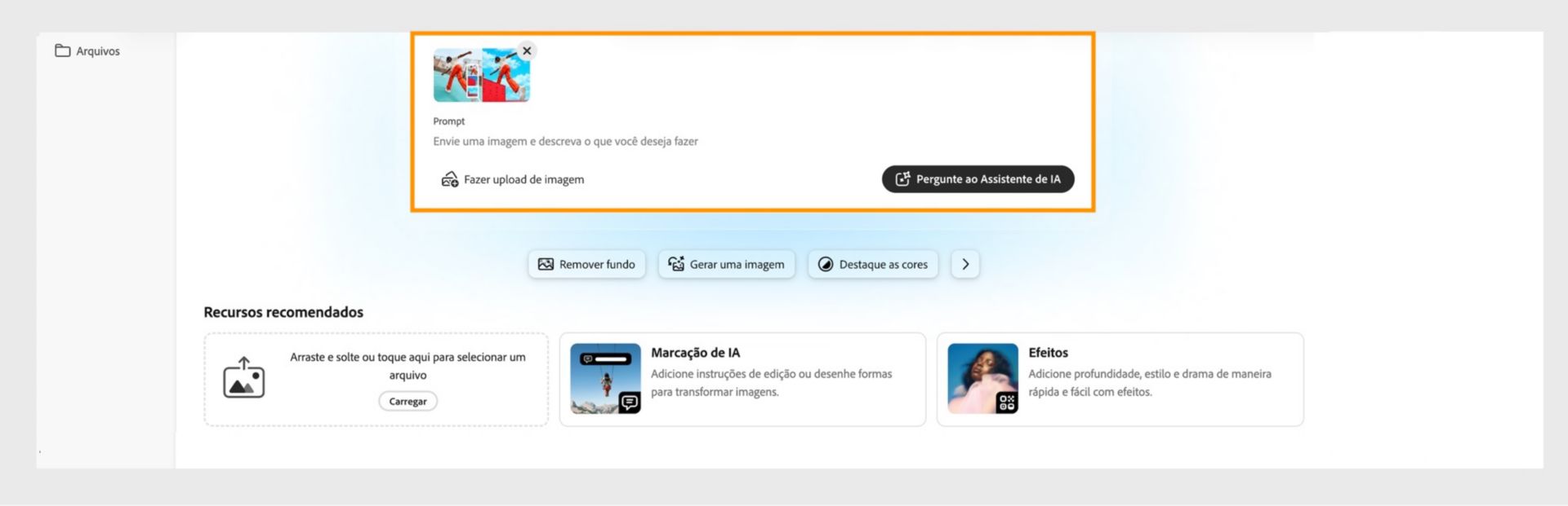 A tela inicial do Photoshop na web é exibida destacando a opção de fazer upload de uma imagem e descrever as edições para começar com o Assistente de IA.