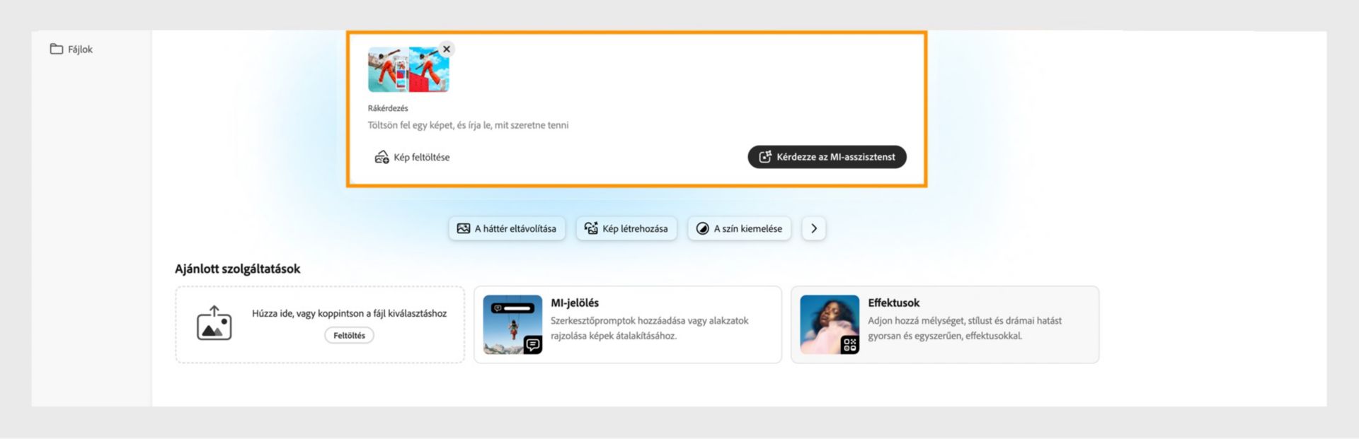A Photoshop weboldali kezdőképernyőjén megjelenik a kép feltöltésének lehetősége, és leírja a szerkesztéseket, amelyekkel kezdheti az MI asszisztens használatát.