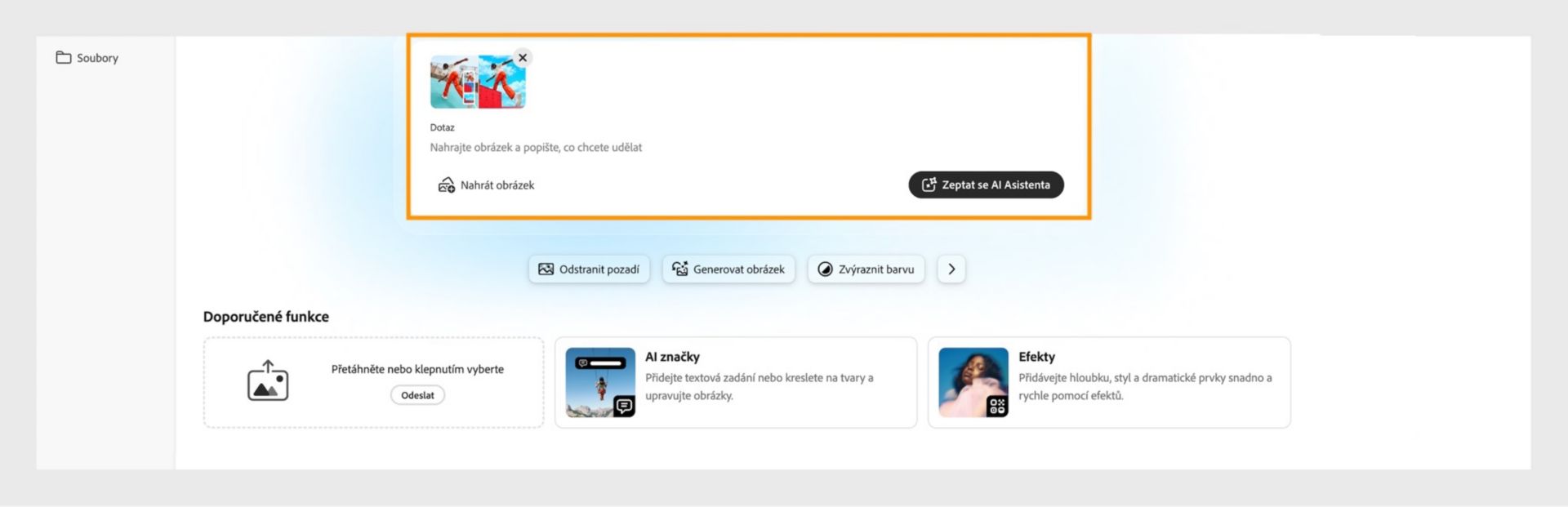 Domovská obrazovka aplikace Photoshop na webu se zobrazí se zvýrazněnou možností nahrát obrázek a popisem úprav pro Začínáme s AI Asistentem.