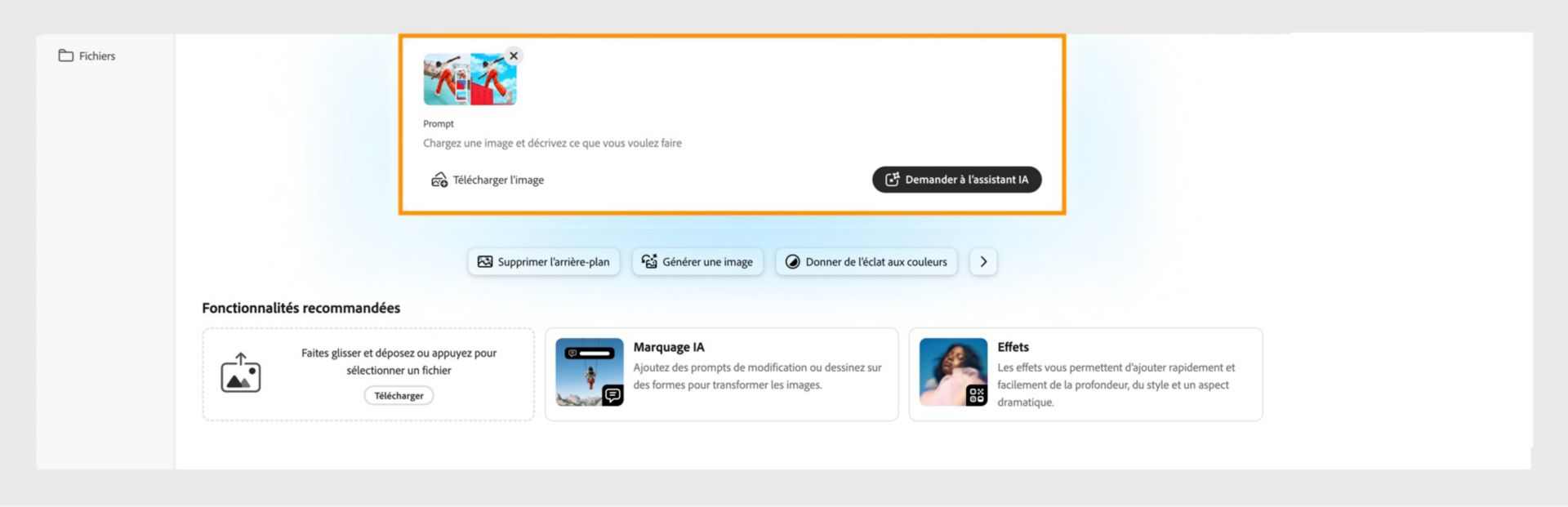 L’écran d’accueil de Photoshop sur le web s’affiche en mettant en évidence l’option permettant de charger une image et de décrire les modifications pour commencer avec l’assistant IA.