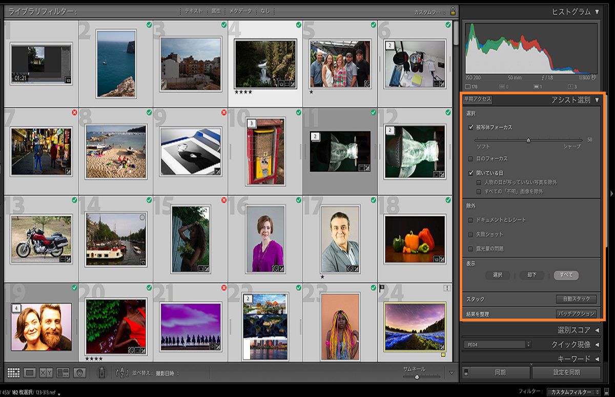 大量の写真から最適な写真を選別するための Lightroom Classic のアシスト選別の UI。
