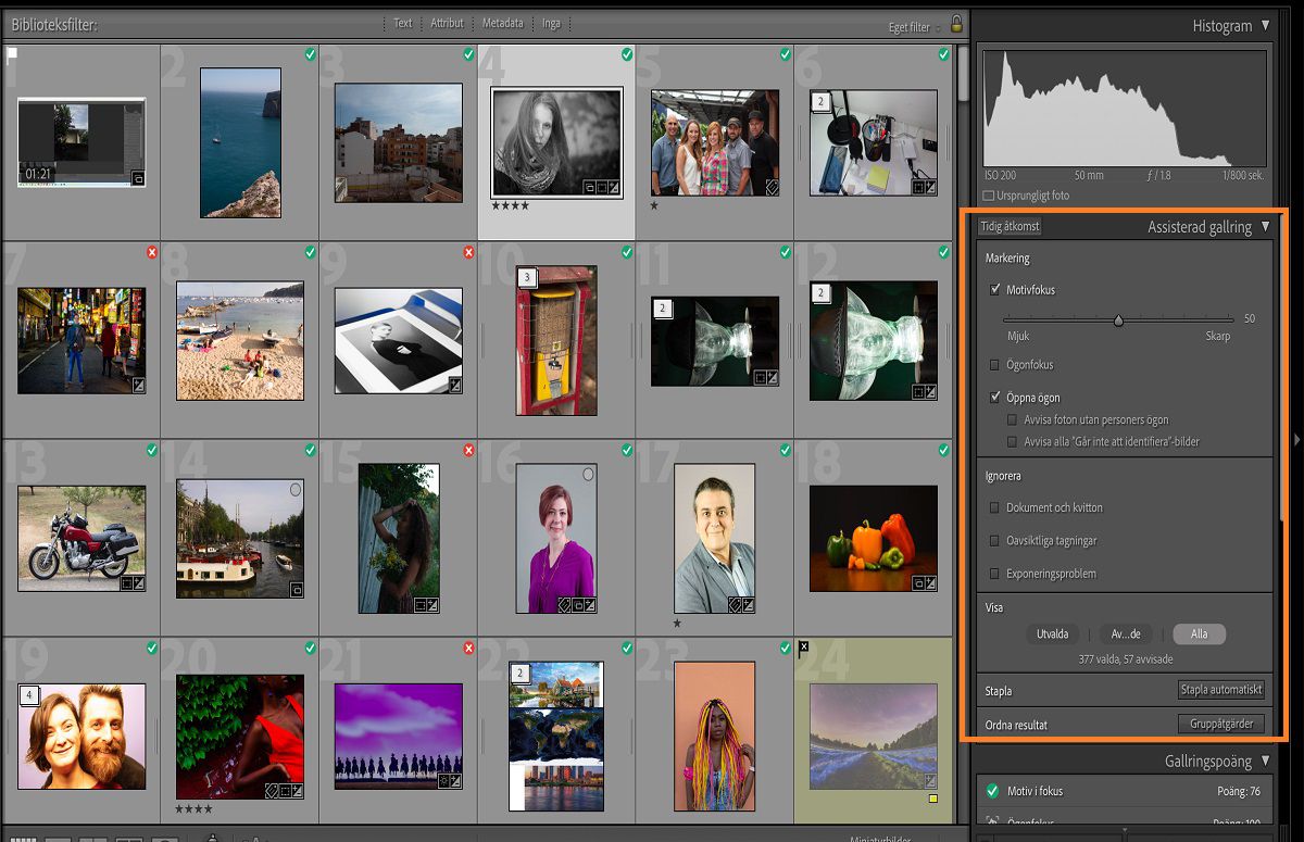 Användargränssnitt för Assisterad gallring i Lightroom Classic för att sortera de bästa fotona från en stor uppsättning foton. 