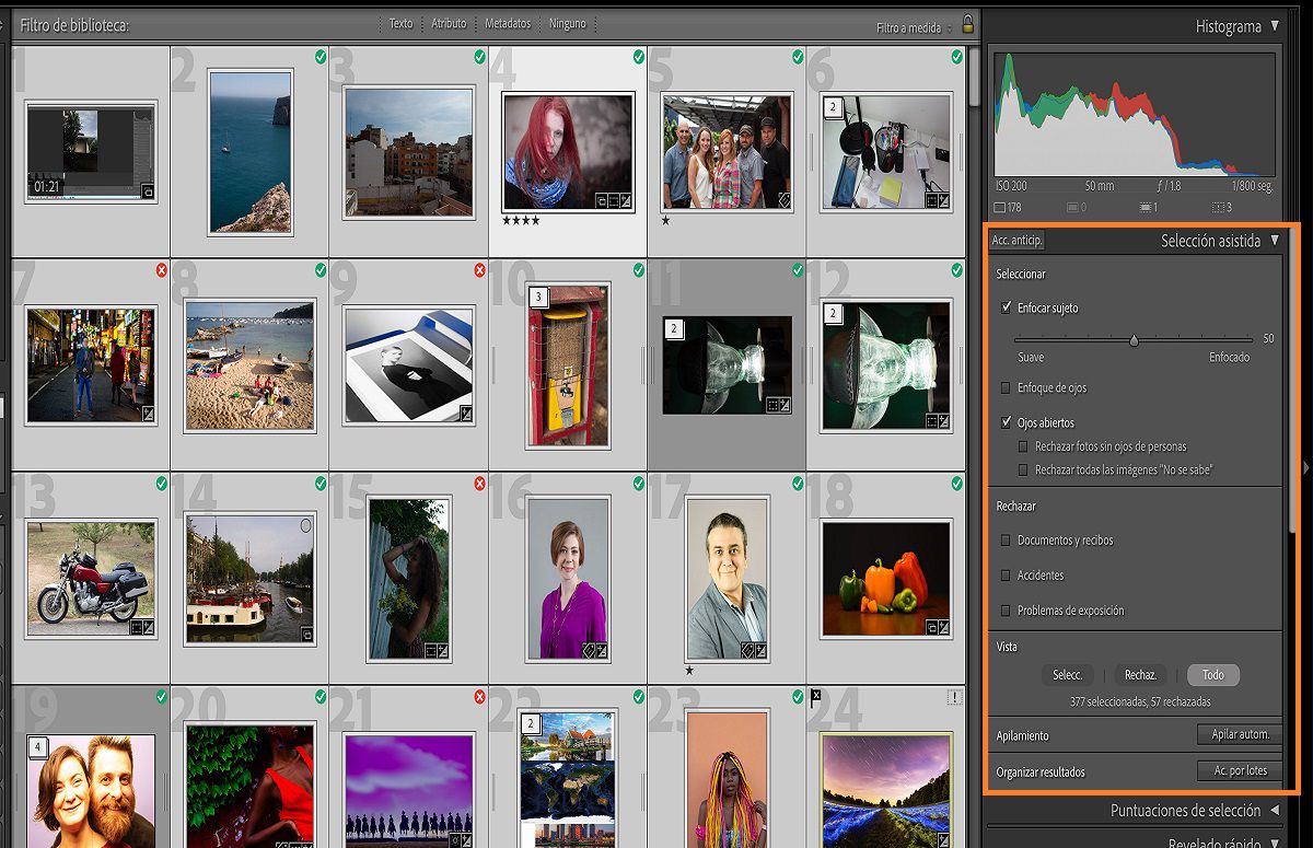 Interfaz de usuario de Selección asistida en Lightroom Classic para clasificar las mejores fotos de un gran conjunto.