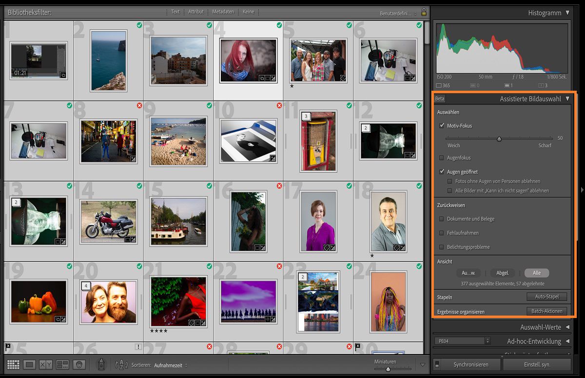 Benutzeroberfläche von Assisted Culling in Lightroom Classic zum Sortieren der besten Fotos aus einer großen Menge von Fotos.