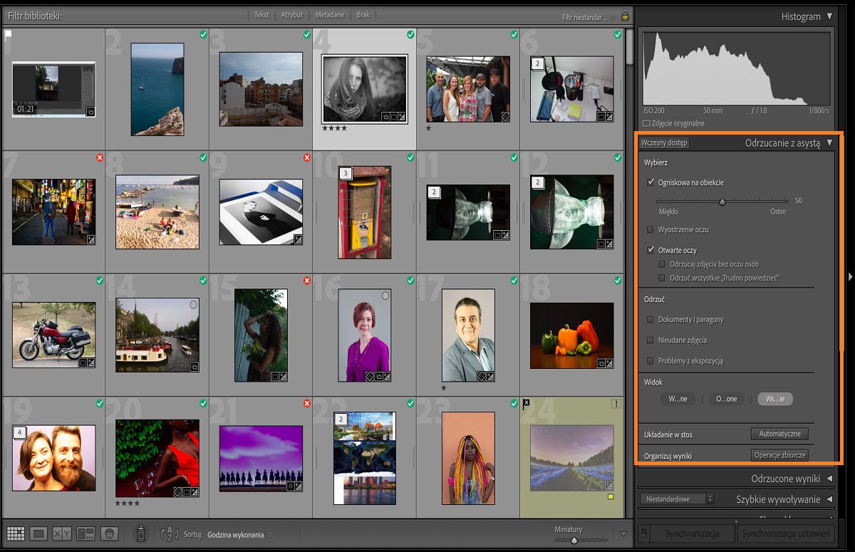 Interfejs użytkownika funkcji Odrzucania z asystą w programie Lightroom Classic, służącej do sortowania najlepszych zdjęć z dużego zestawu zdjęć. 