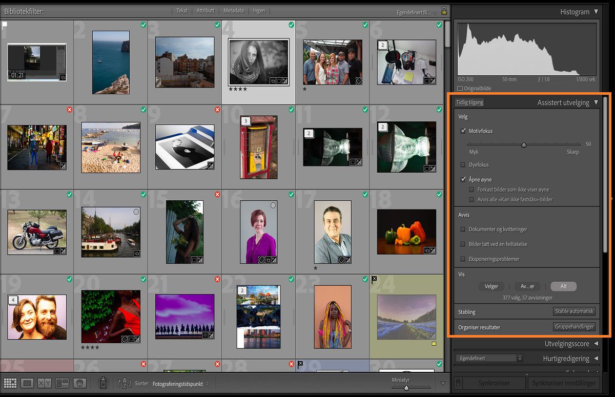 Brukergrensesnitt for Assistert utvelging i Lightroom Classic for å sortere de beste bildene fra et stort sett med bilder. 