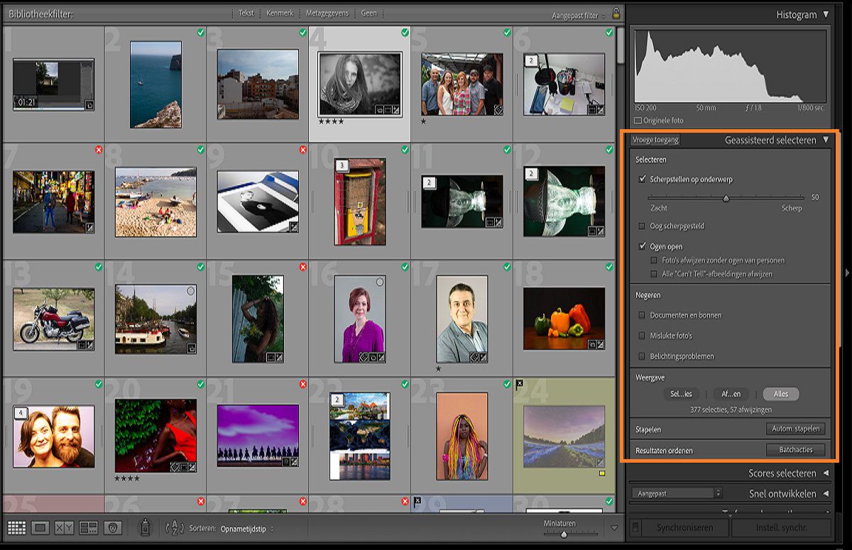 Gebruikersinterface van geassisteerd selecteren in Lightroom Classic om de beste foto's te sorteren uit een grote verzameling foto's. 