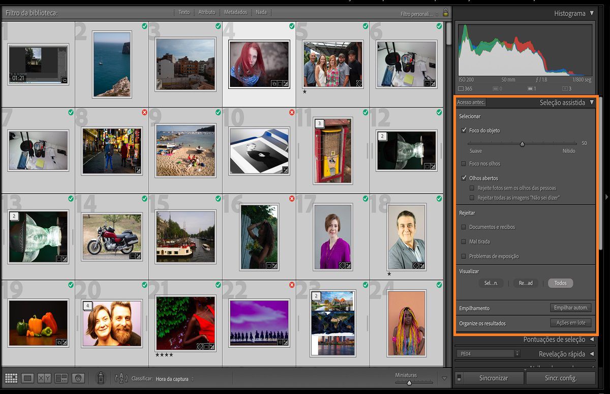 Interface do usuário do Seleção assistida no Lightroom Classic para classificar as melhores fotos de um grande conjunto de fotos. 