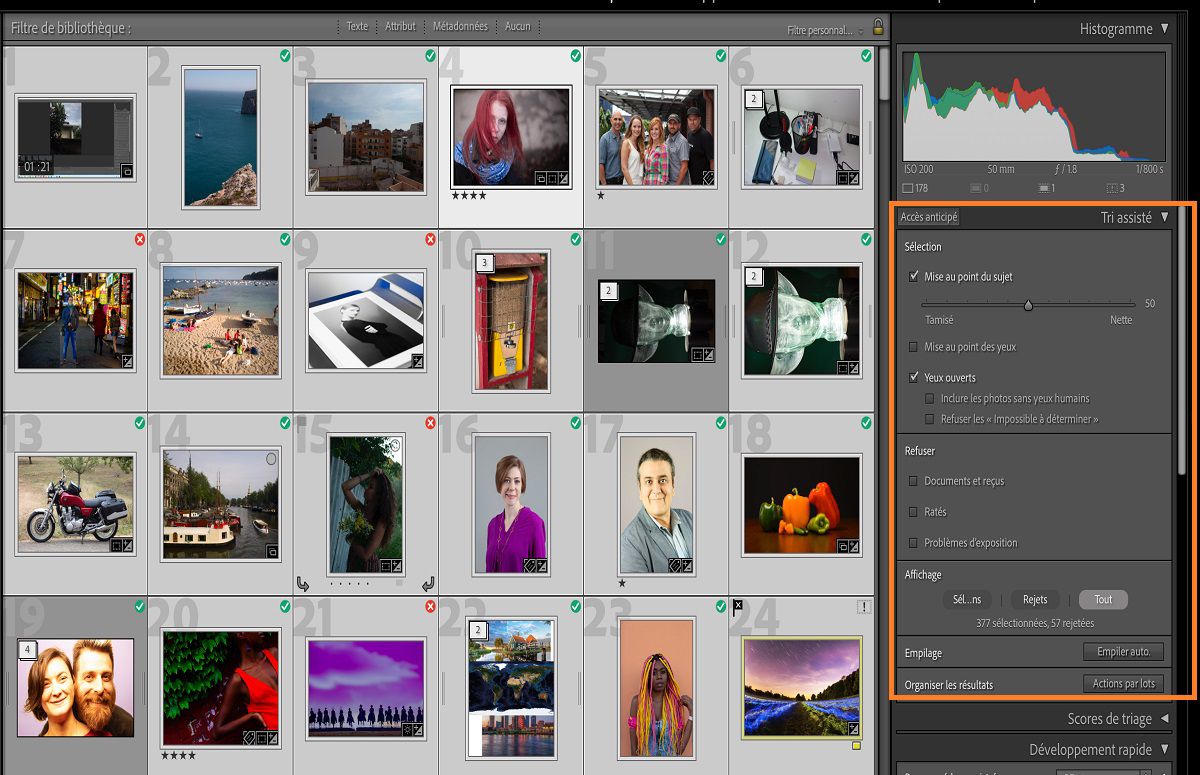 Interface utilisateur du Tri assisté dans Lightroom Classic pour trier les meilleures photos parmi un grand nombre de clichés. 