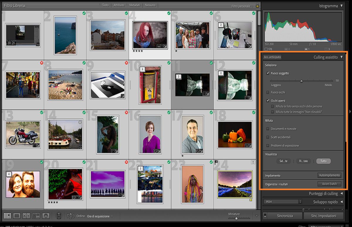 Interfaccia della funzione Culling assistito in Lightroom Classic per ordinare le foto migliori da un grande gruppo di foto. 
