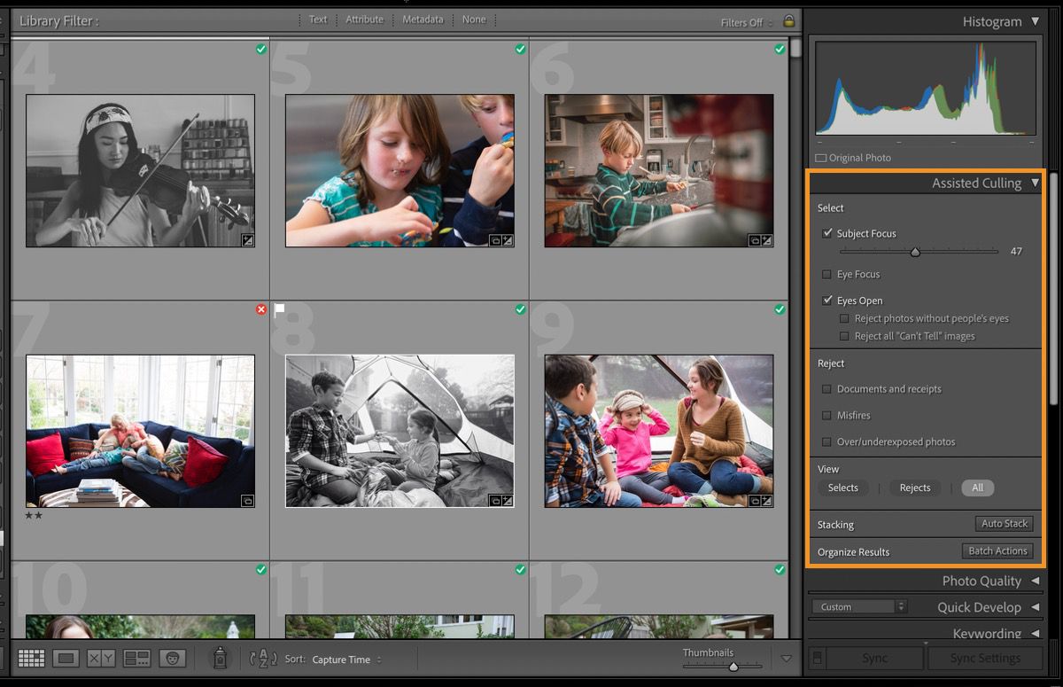 UI of Assisted Culling in Lightroom Classic to sort the best photos from a large set of photos. 