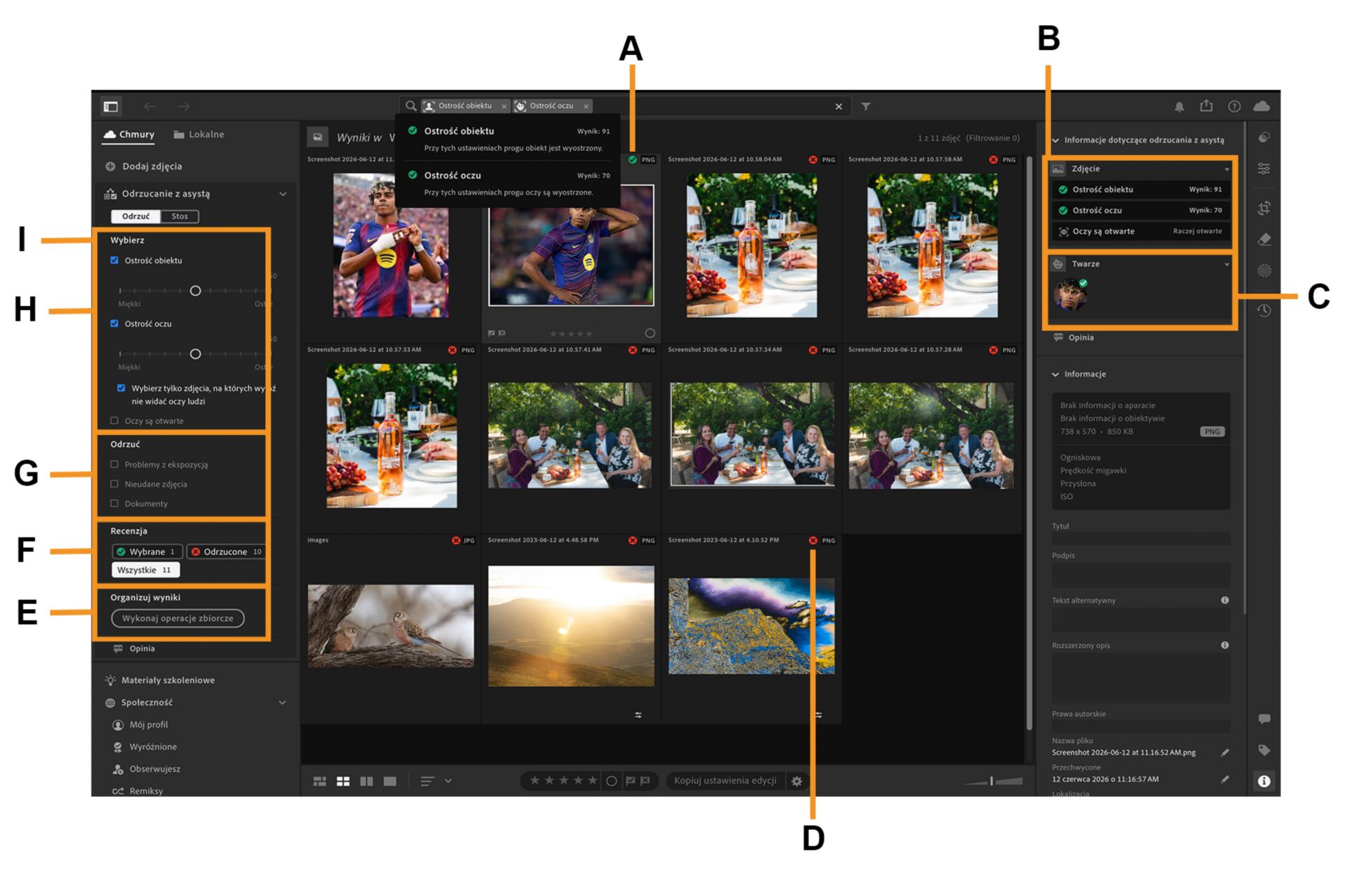 Otwarty w obszarze roboczym programu Lightroom album ze zdjęciami dzieci i podświetloną funkcją odrzucania z asystą.