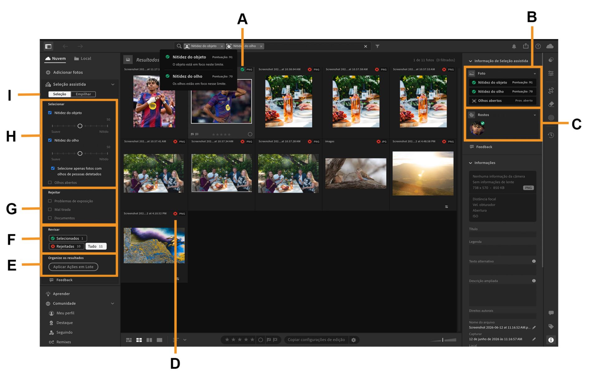 Um álbum de crianças é aberto na tela do Lightroom, onde a visão geral da Seleção assistida está destacada.
