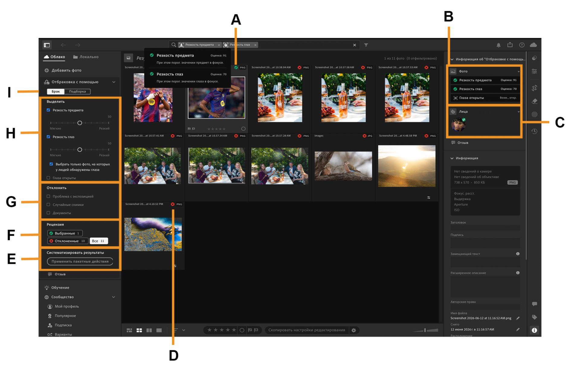 На холсте Lightroom открыт альбом с детскими фотографиями, где выделена функция «Отбраковка с помощью».