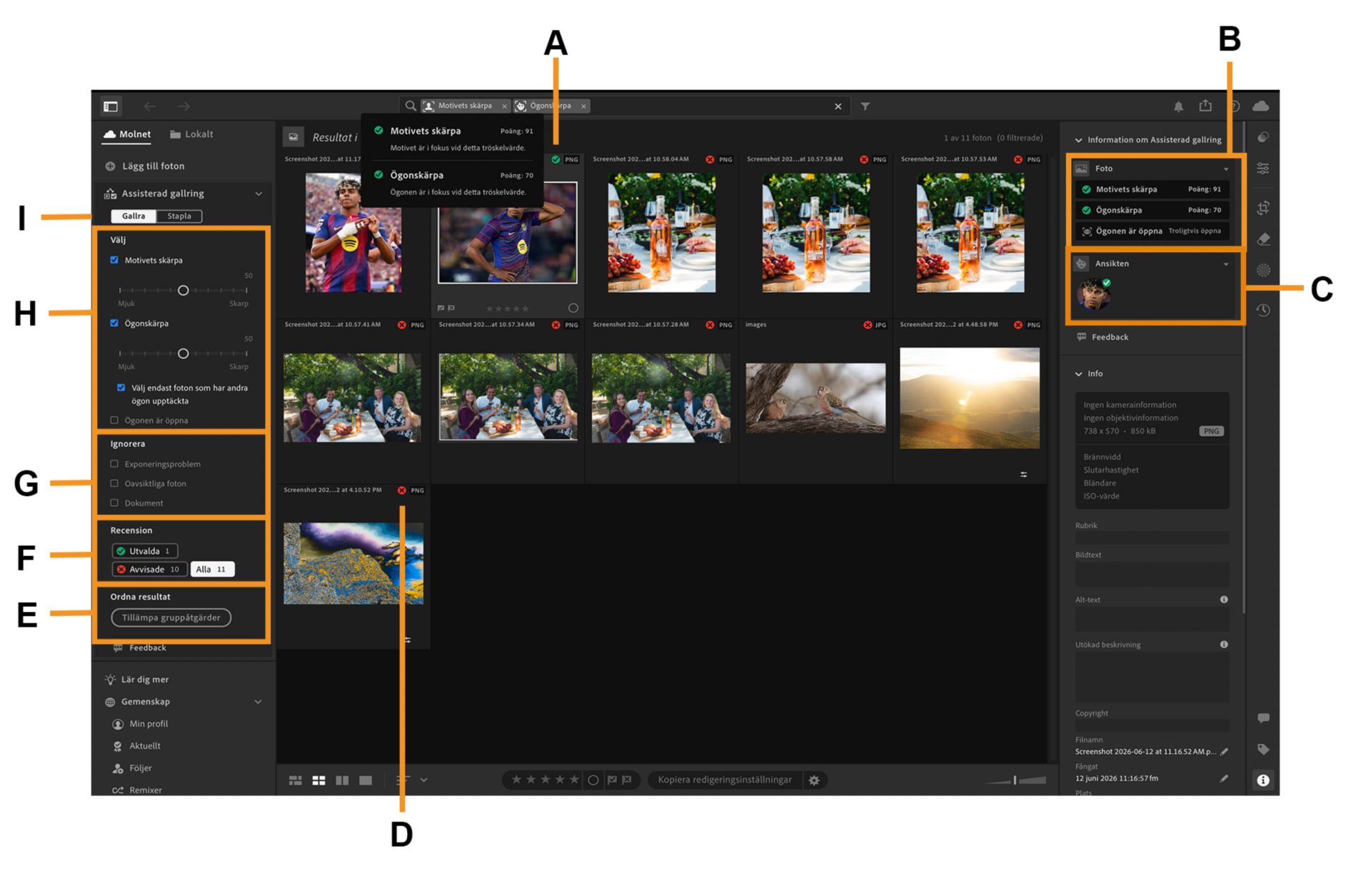Ett album med barn är öppet på en Lightroom-arbetsyta där översikten för Assisterad gallring framhävs.