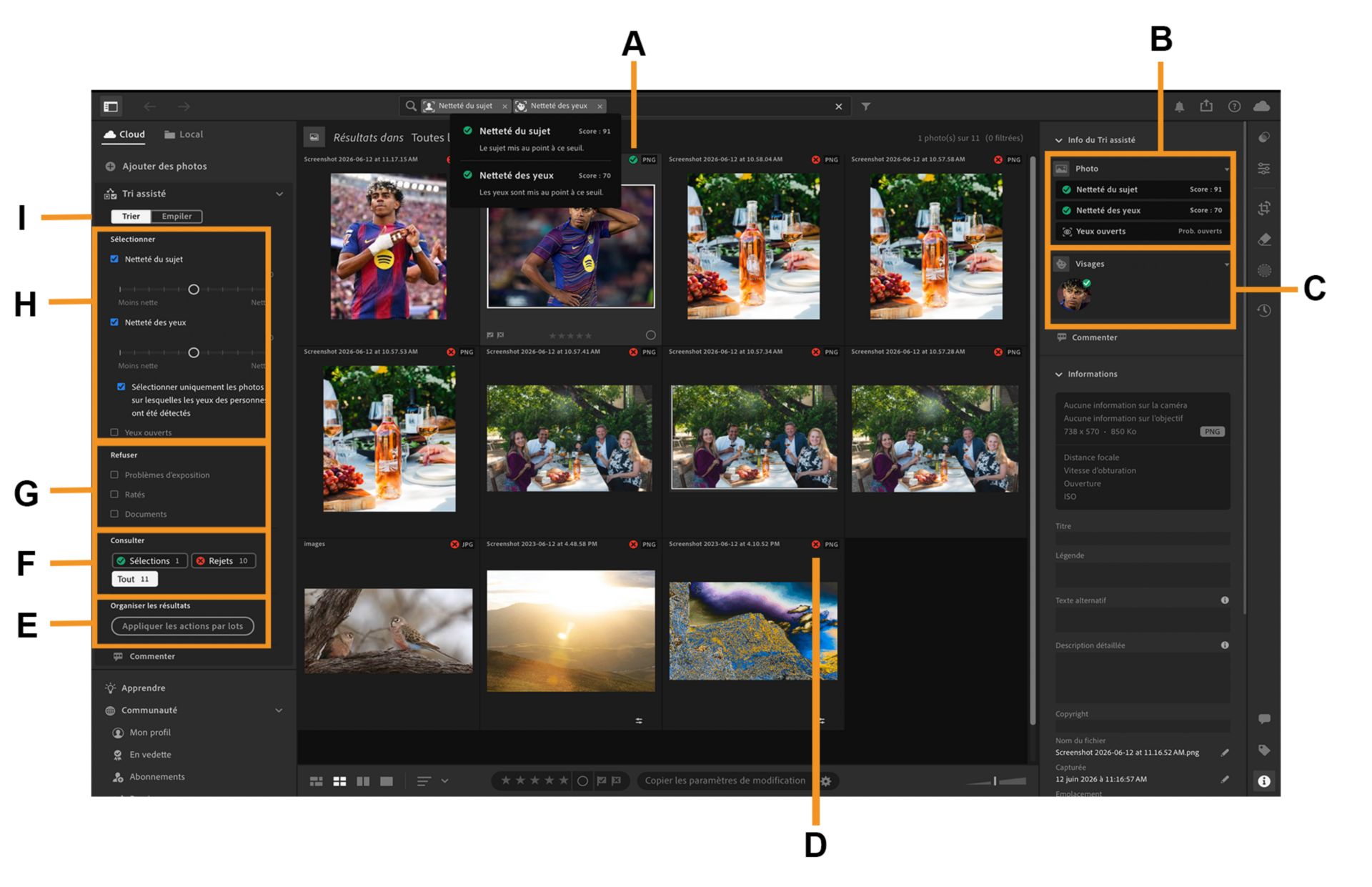 Un album d’enfants est ouvert sur la zone de travail Lightroom où l’aperçu du tri assisté est mis en évidence.