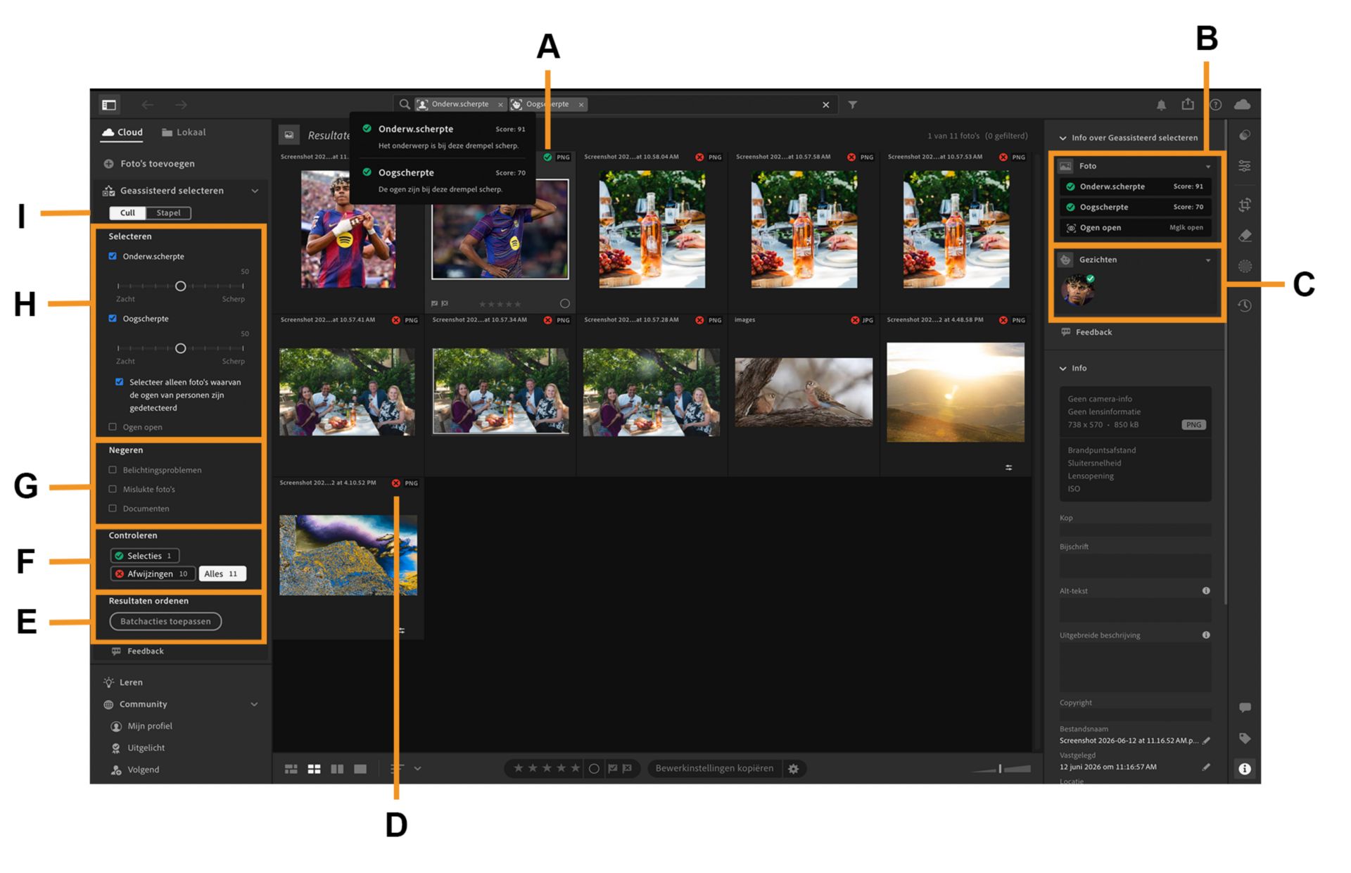 Een album met kinderen is geopend op het Lightroom-canvas waar een overzicht van Geassisteerd selecteren is gemarkeerd.