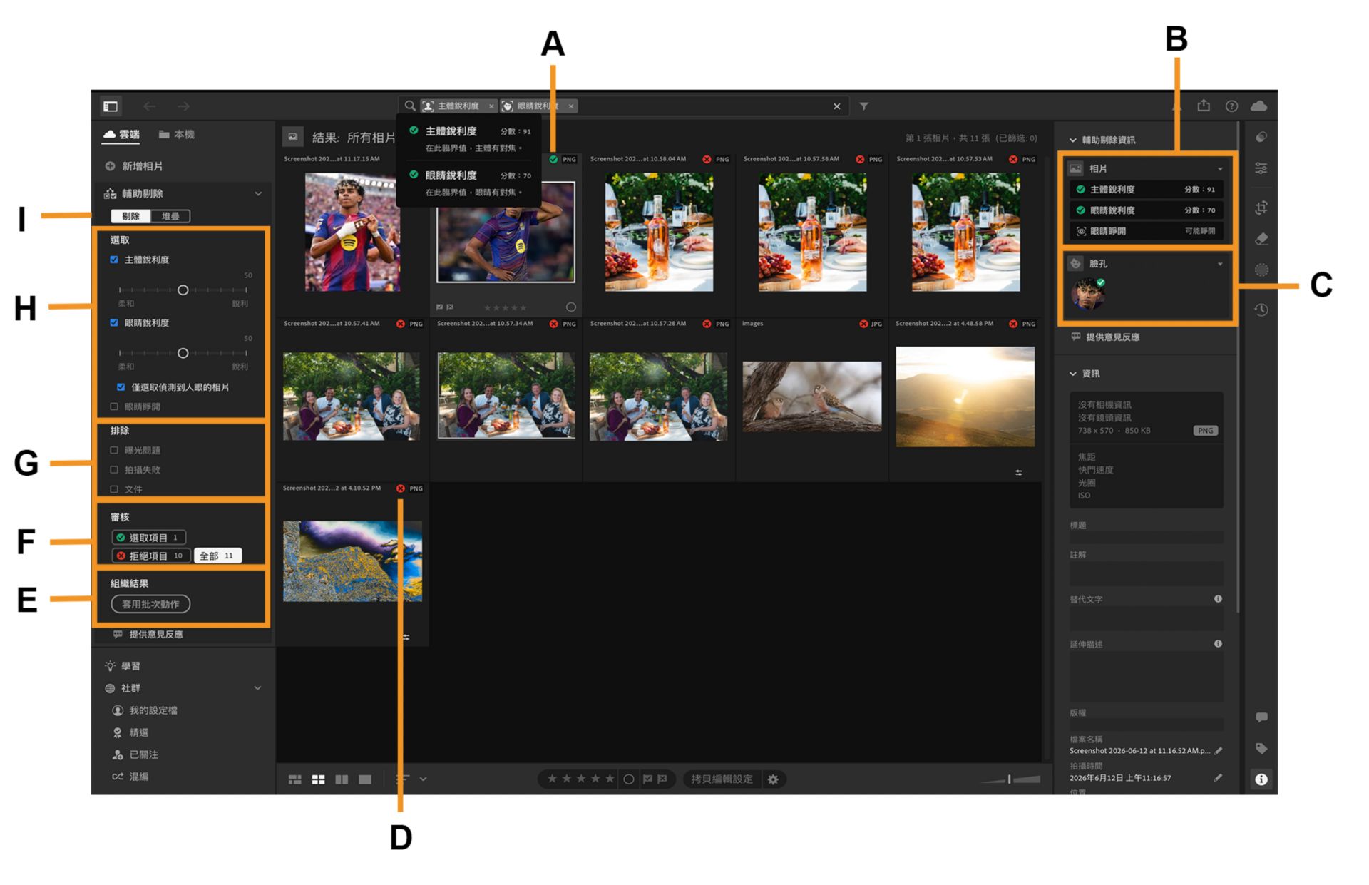 在 Lightroom 畫布上開啟兒童相簿，其中強調顯示「輔助剔除」概觀。