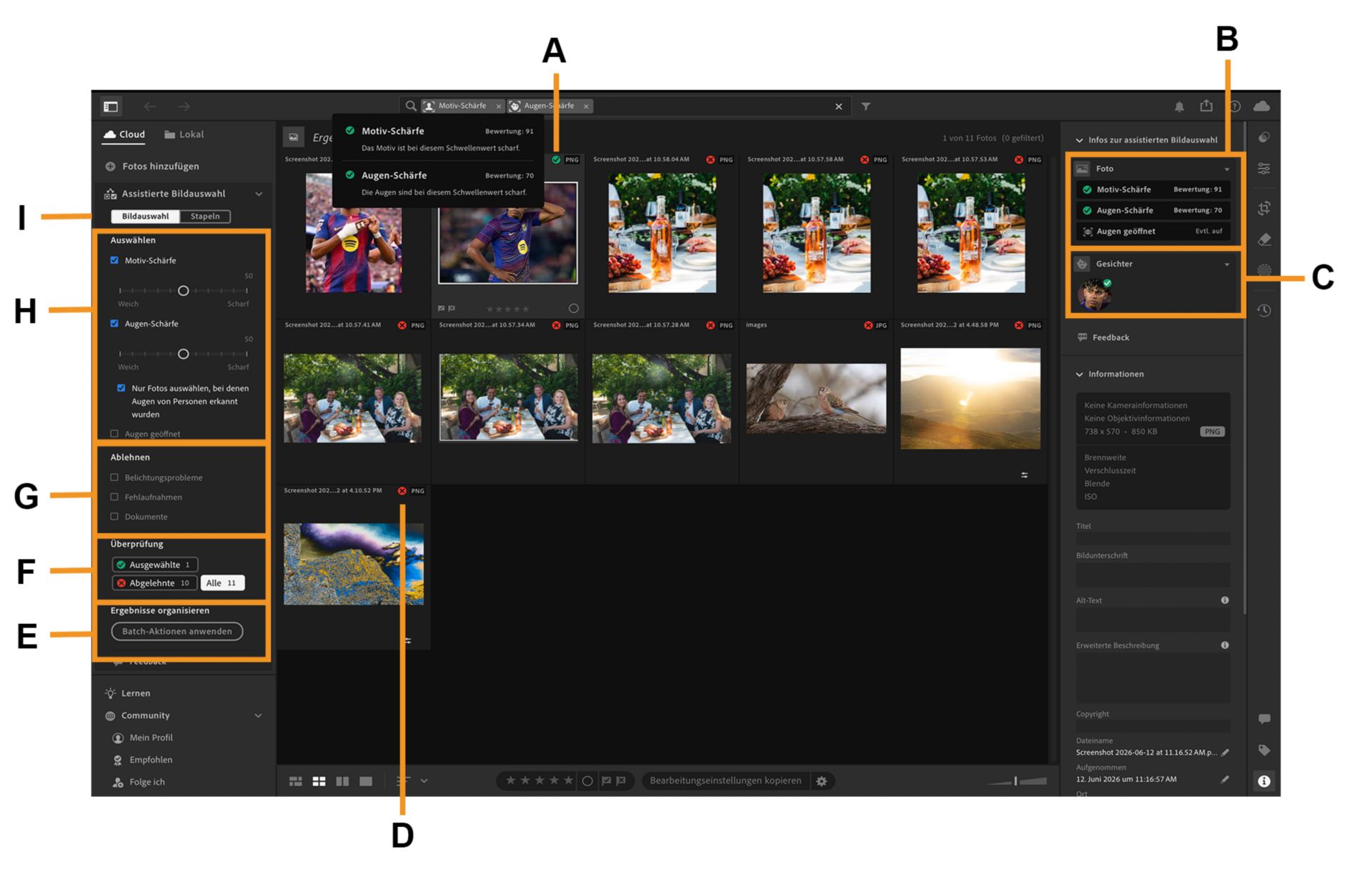 Ein Album mit Kindern ist auf der Arbeitsfläche von Lightroom geöffnet, wo die Übersicht der assistierten Bildauswahl hervorgehoben ist.