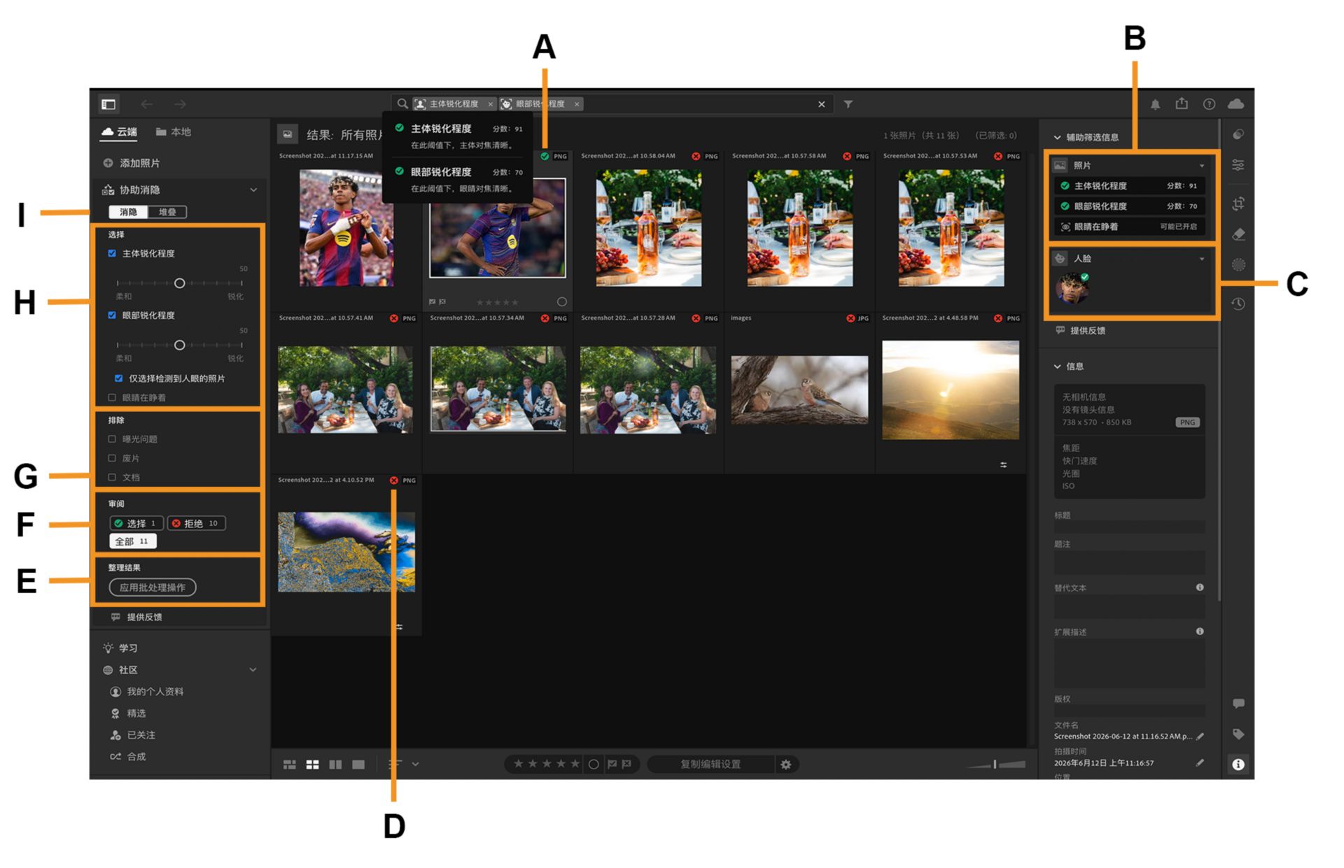 Lightroom 界面上打开了一个儿童相册，其中高亮显示了“辅助筛选”功能概述。