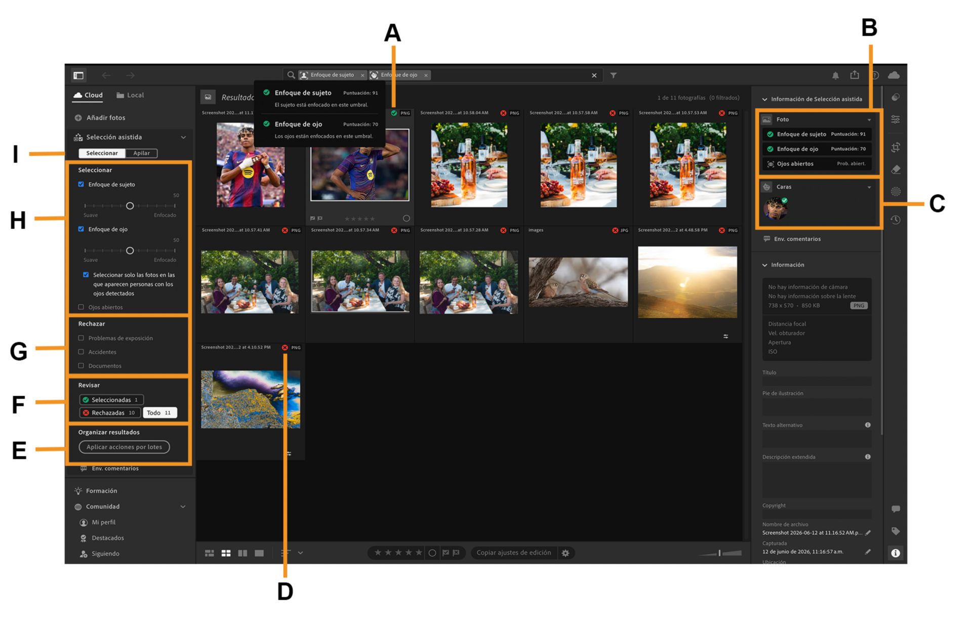 Un álbum de fotos de niños abierto en el lienzo de Lightroom, donde la información general de Selección asistida aparece resaltada.