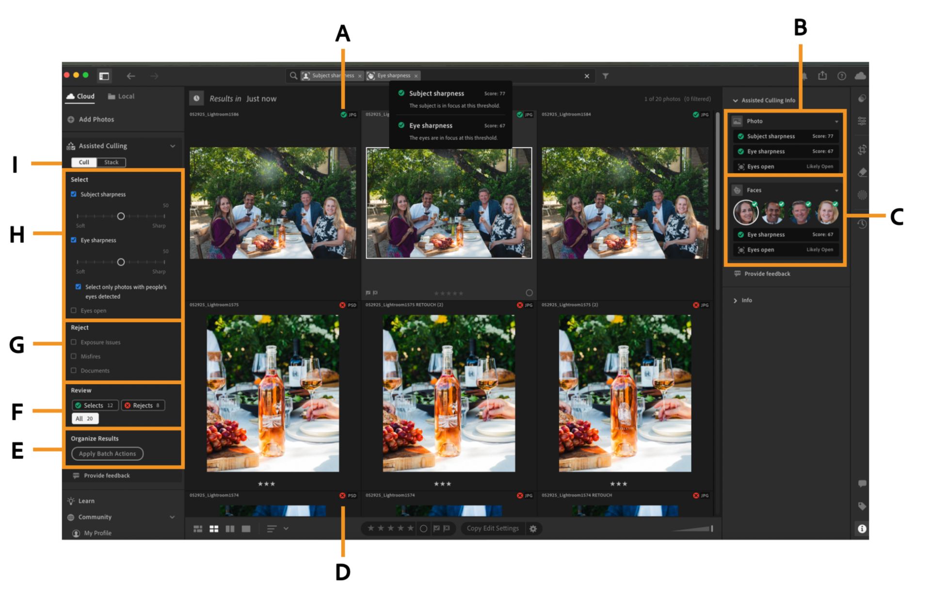 An album of kids is opened on Lightroom canvas where Assisted culling overview is highlighted.