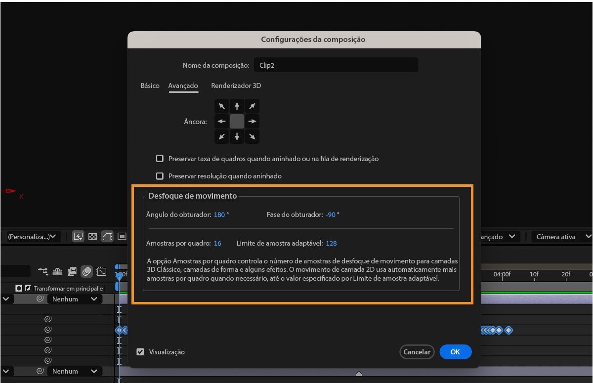 A caixa de diálogo Configurações da composição abre e exibe opções para configurar o desfoque de movimento, incluindo o ângulo e fase do obturador, entre outras.