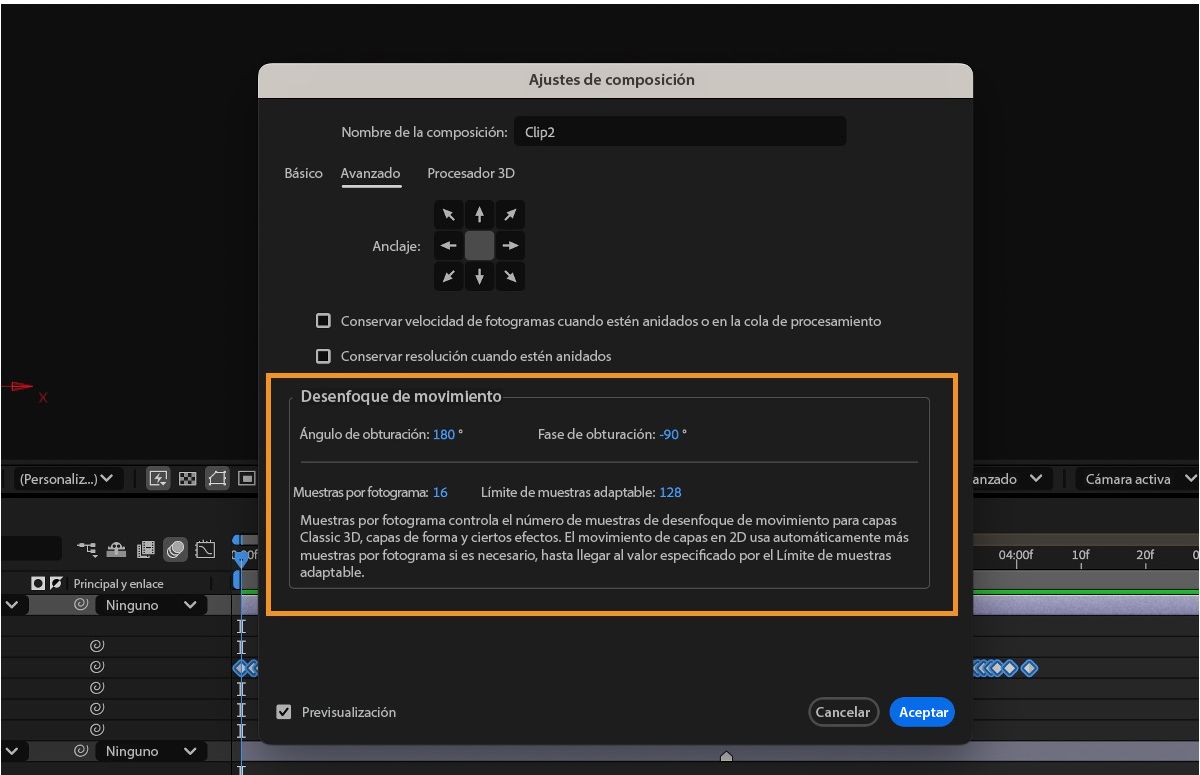 El cuadro de diálogo Ajustes de composición está abierto y dispone de las opciones para configurar para Desenfoque de movimiento, entre las que se incluyen Ángulo de obturador, Fase del obturador y mucho más.