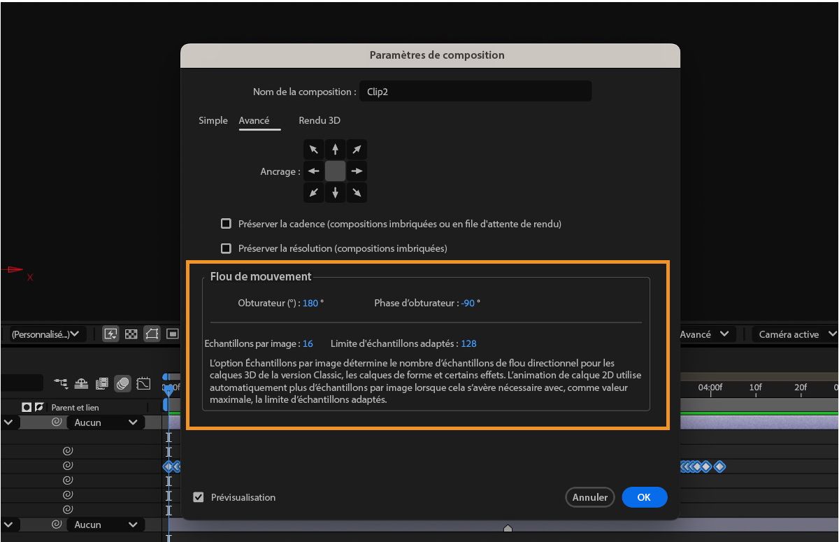 La boîte de dialogue Paramètres de composition est ouverte et contient les options de configuration du flou de mouvement, notamment l’angle obturateur, la phase obturateur, etc.