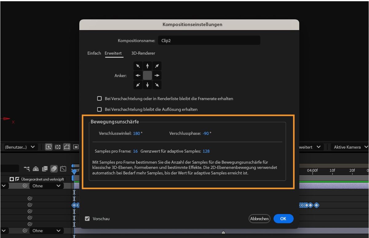 Das Dialogfeld „Kompositionseinstellungen“ ist geöffnet und enthält die Optionen zur Konfiguration der Bewegungsunschärfe, einschließlich Verschlusswinkel, Verschlussphase und mehr.
