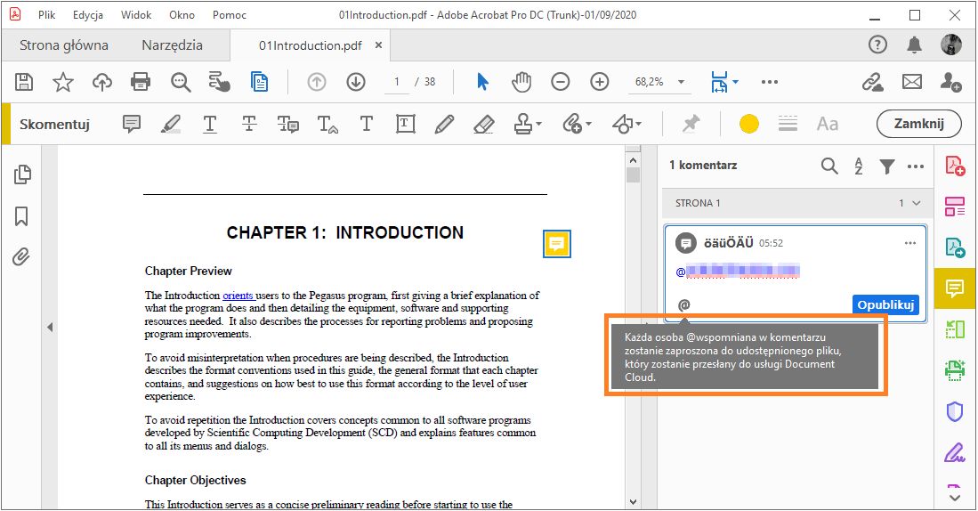 Użycie @wzmianki w celu rozpoczęcia recenzji