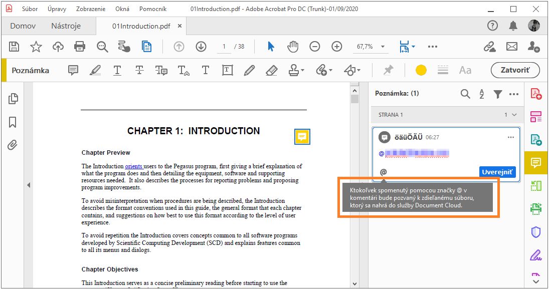 Začatie recenzie pomocou značky @ na spomenutie používateľov