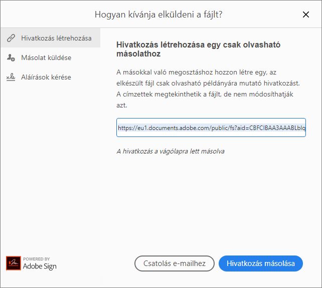 Hivatkozás másolása vagy e.mailhez csatolása