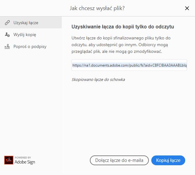 Kopiowanie łącza lub dołączanie go do wiadomości e-mail